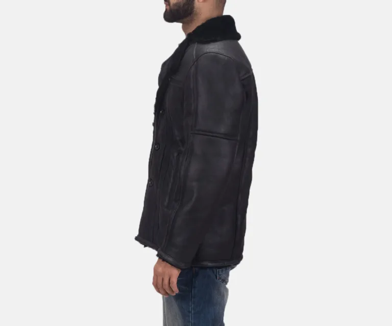Furcliff Double Face Shearling Leather Coat — Front Collar Fur & Buckle Detail