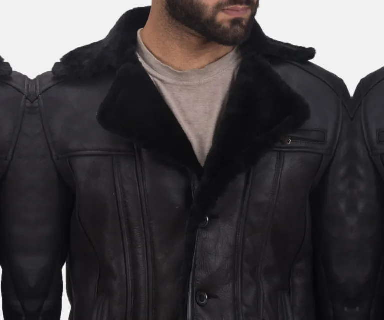 Furcliff Double Face Shearling Leather Coat — Macro Detail Fur Lining, Leather Grain & Buckles