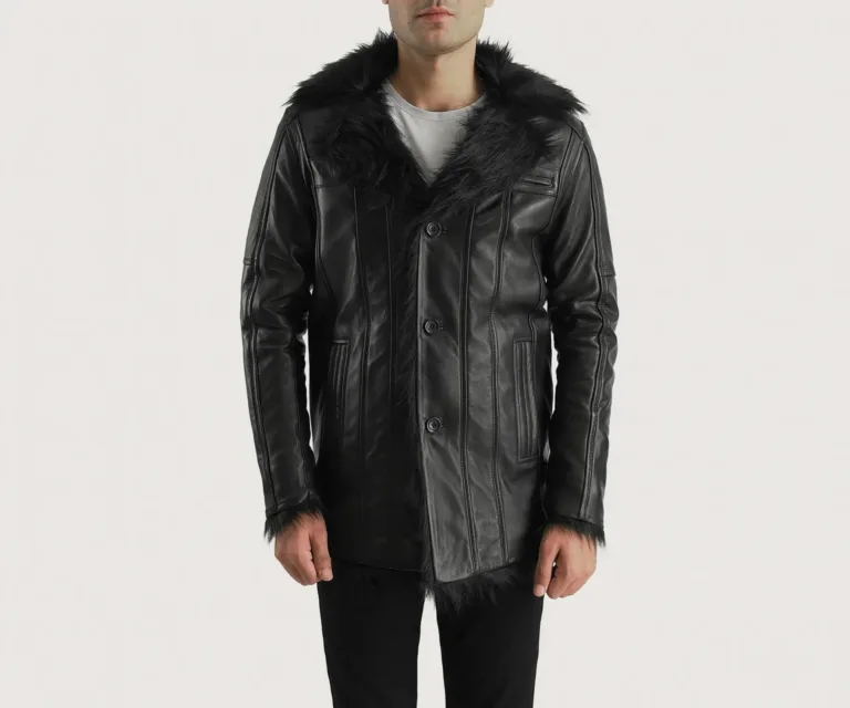 Furcliff Shaggy Black Leather Coat — Front Open Hero Presentation