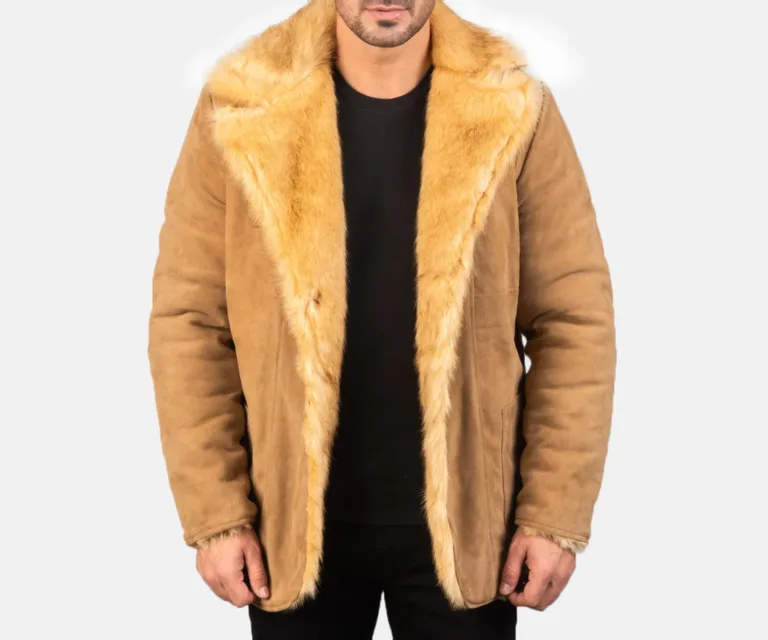 Furlong Beige Suede Leather Coat — Quarter Angle Profile & Contoured Sleeve Detail