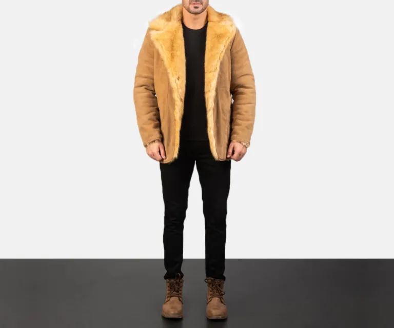 Furlong Beige Suede Leather Coat — Front Placket & Refined Collar Detail