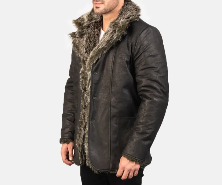 Furlong Black Leather Coat — Front Collar & Placket Thermal Detail