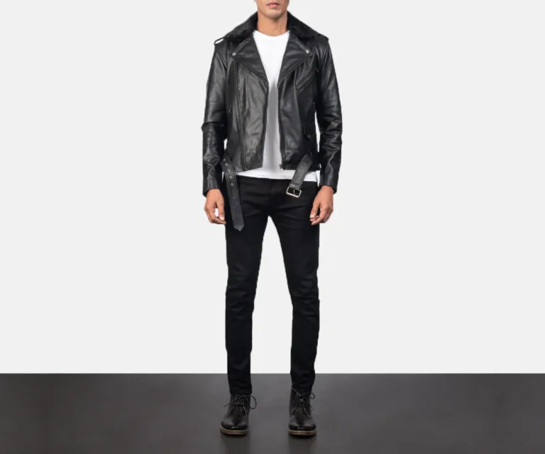 Furton Black Leather Biker Jacket — Front Zipped Placket & Collar Detail