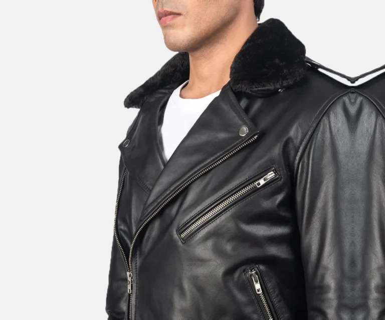 Furton Black Leather Biker Jacket — Macro Detail Texture, Stitching & Hardware