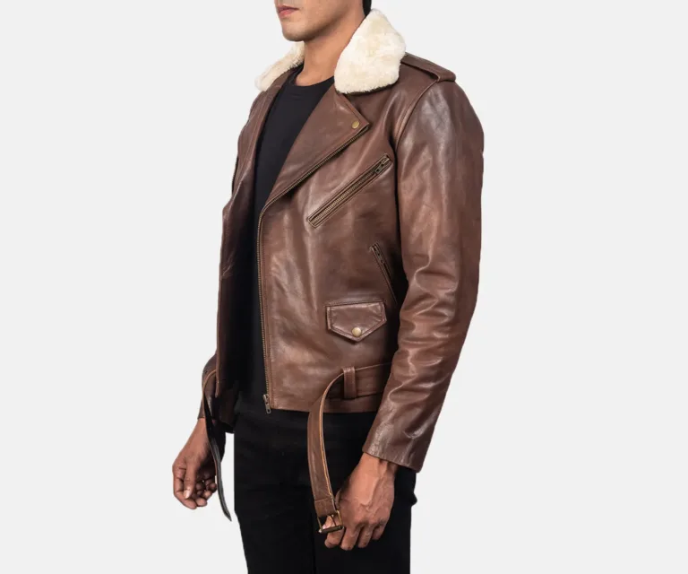 Furton Brown Leather Biker Jacket — Quarter Angle Side Profile & Contoured Sleeve Detail