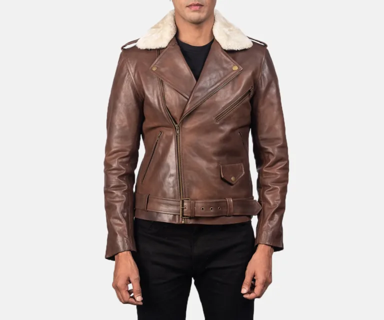 Furton Brown Leather Biker Jacket — Front Zipped Asymmetric Placket & Fur Collar