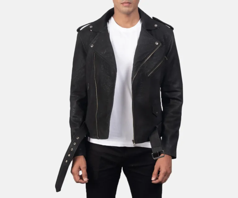 Furton Disressed Black Leather Biker Jacket — Front Open Hero Presentation