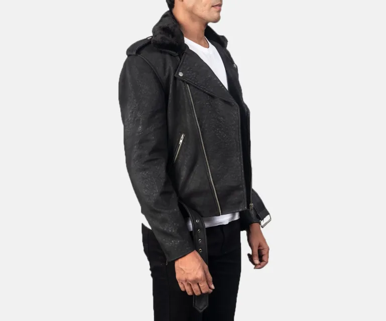 Furton Disressed Black Leather Biker Jacket — Quarter Angle Profile & Contoured Sleeve Detail