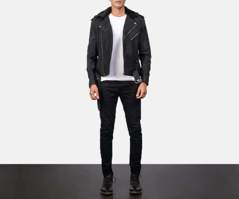 Furton Disressed Black Leather Biker Jacket — Front Zipped Placket & Collar Detail