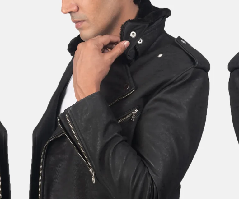 Furton Disressed Black Leather Biker Jacket — Macro Detail Texture, Stitching & Hardware