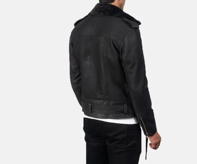 Furton Disressed Black Leather Biker Jacket — Full-Length Model Editorial Presentation