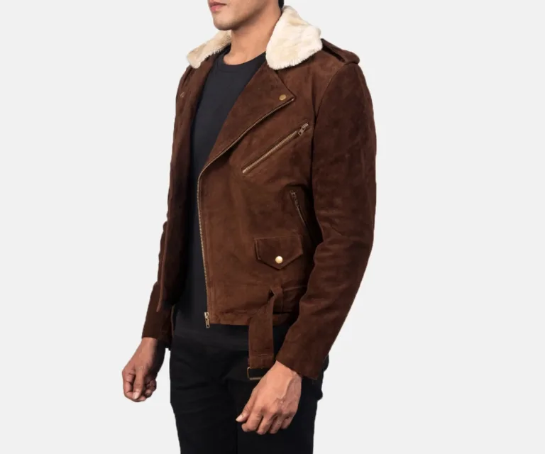 Furton Mocha Suede Biker Jacket — Quarter Angle Profile & Contoured Sleeve Detail
