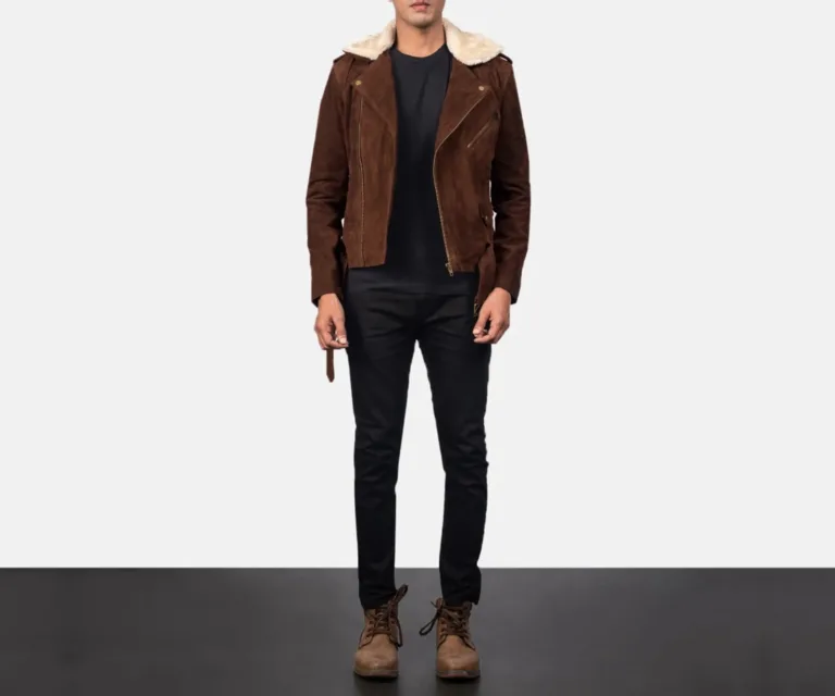 Furton Mocha Suede Biker Jacket — Front Zipped Placket & Collar Detail
