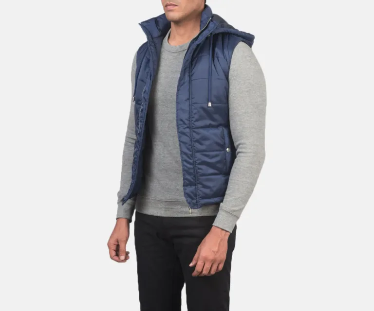 Fuston Blue Hooded Puffer Vest — Full Body Perspective