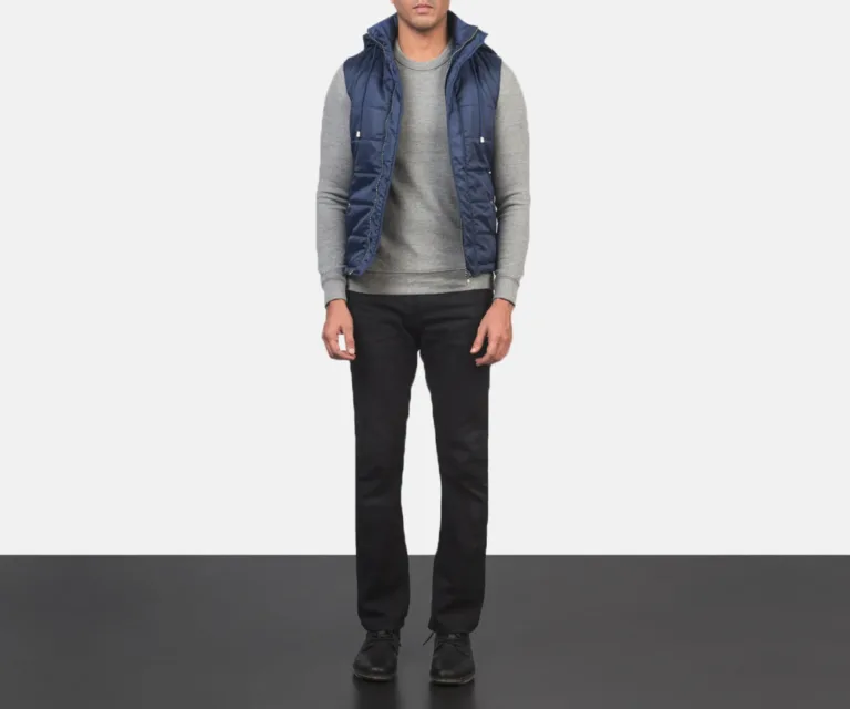 Fuston Blue Hooded Puffer Vest — Side Profile View