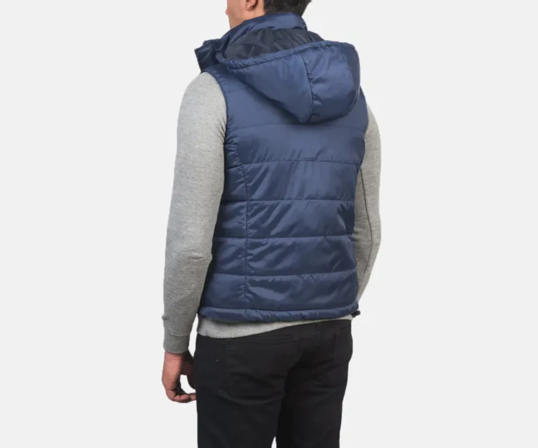 Fuston Blue Hooded Puffer Vest — Front Close-Up View