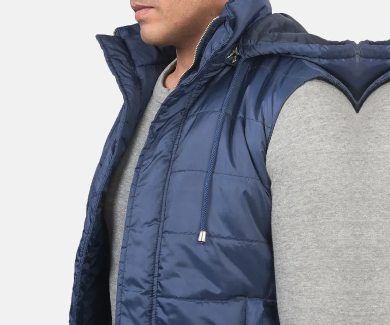 Fuston Blue Hooded Puffer Vest — Macro Hardware & Fabric Texture