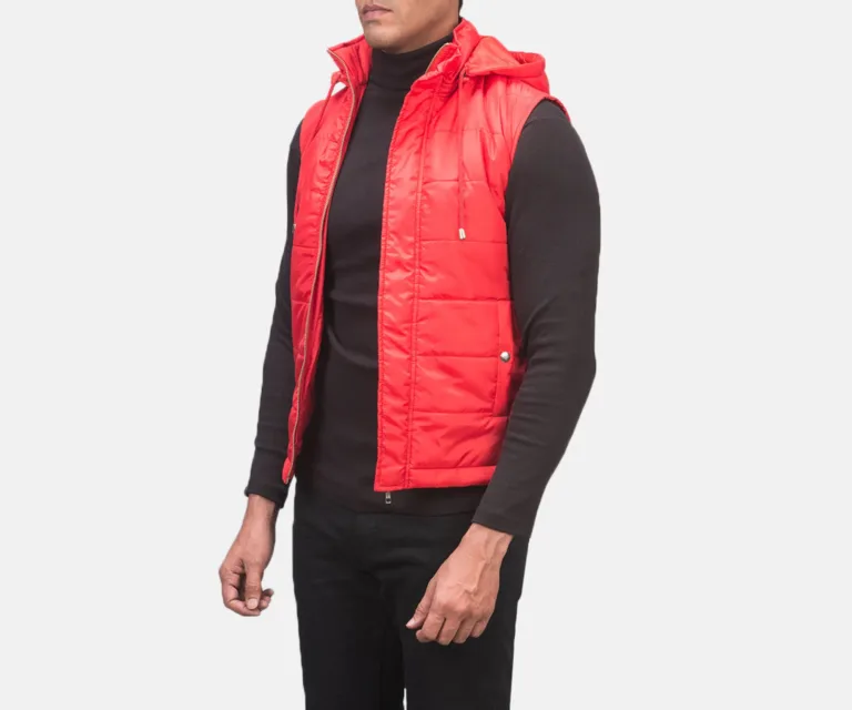 Fuston Red Hooded Puffer Vest — Full Body Perspective