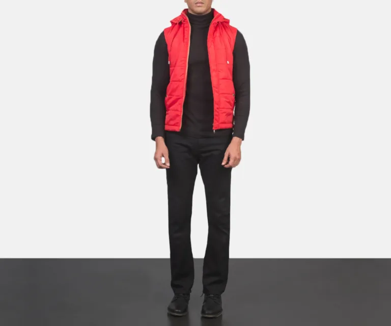 Fuston Red Hooded Puffer Vest — Side Profile View