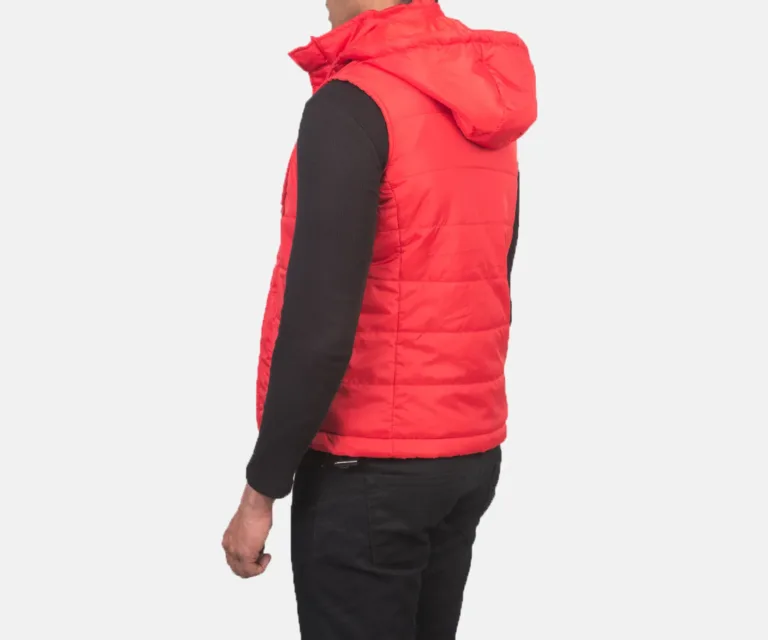 Fuston Red Hooded Puffer Vest — Front Close-Up View