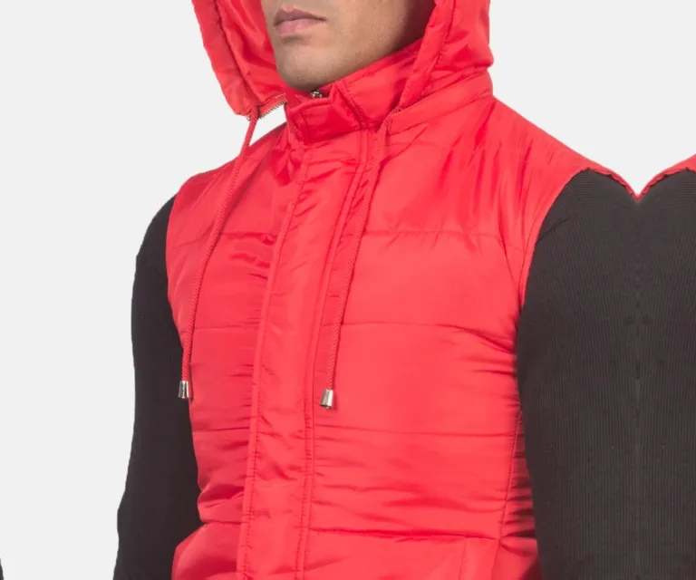 Fuston Red Hooded Puffer Vest — Macro Hardware & Fabric Texture