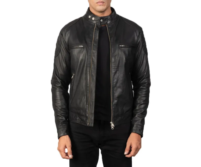 Gatsby Black Leather Biker Jacket — Front Open Hero Presentation