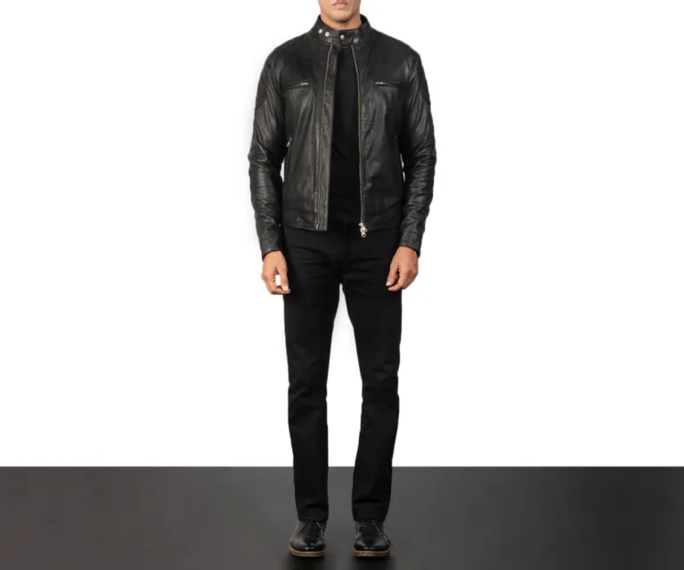 Gatsby Black Leather Biker Jacket — Front Zipped Placket & Band Collar Detail