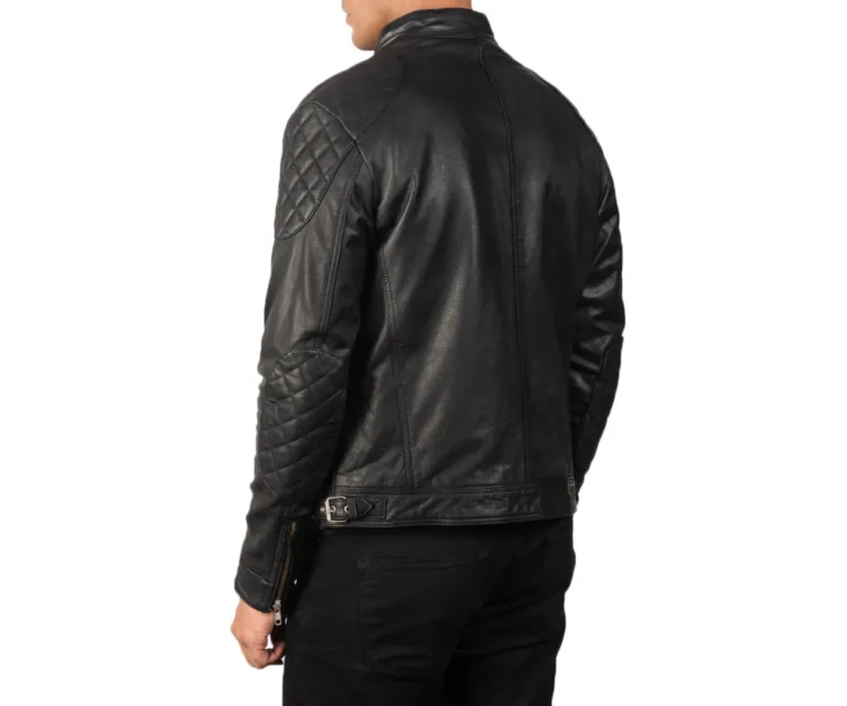 Gatsby Black Leather Biker Jacket — Macro Detail Quilted Shoulders, Zips & Stitching