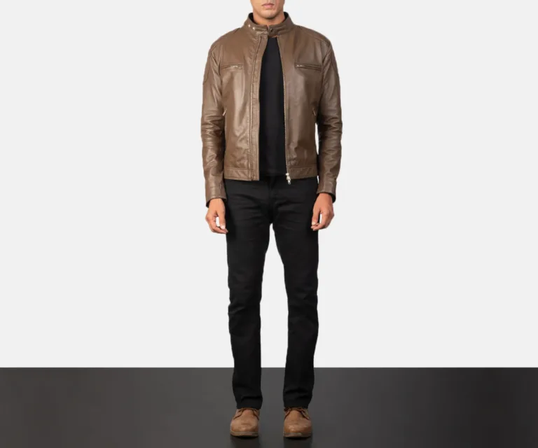Gatsby Mocha Leather Biker Jacket — Front Zipped Placket & Collar Detail