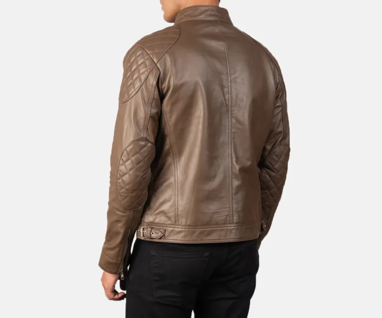 Gatsby Mocha Leather Biker Jacket — Macro Detail Texture, Stitching & Hardware