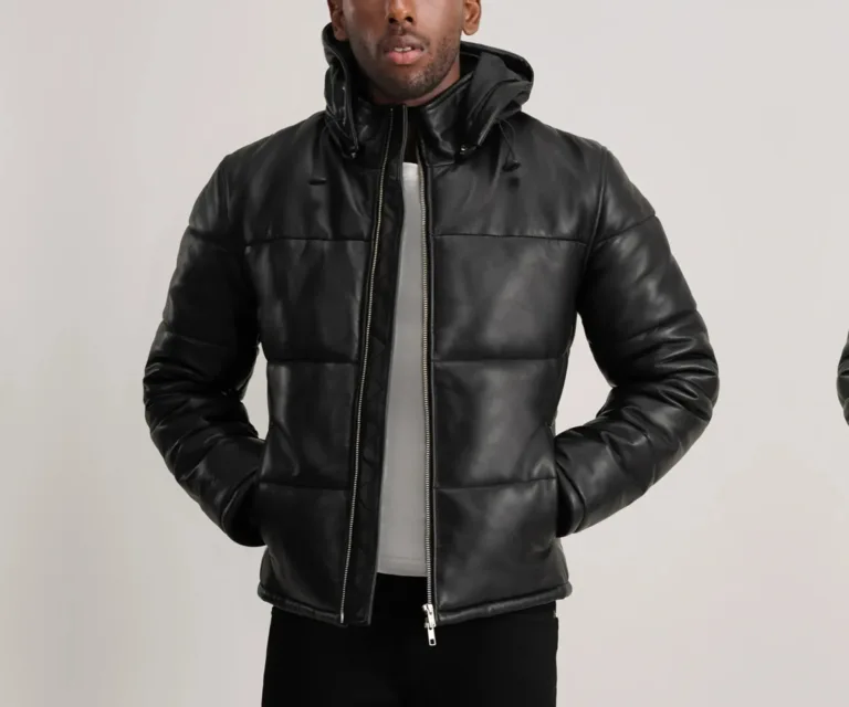 Gordon Black Hooded Leather Puffer Jacket — Front Open Hero Presentation