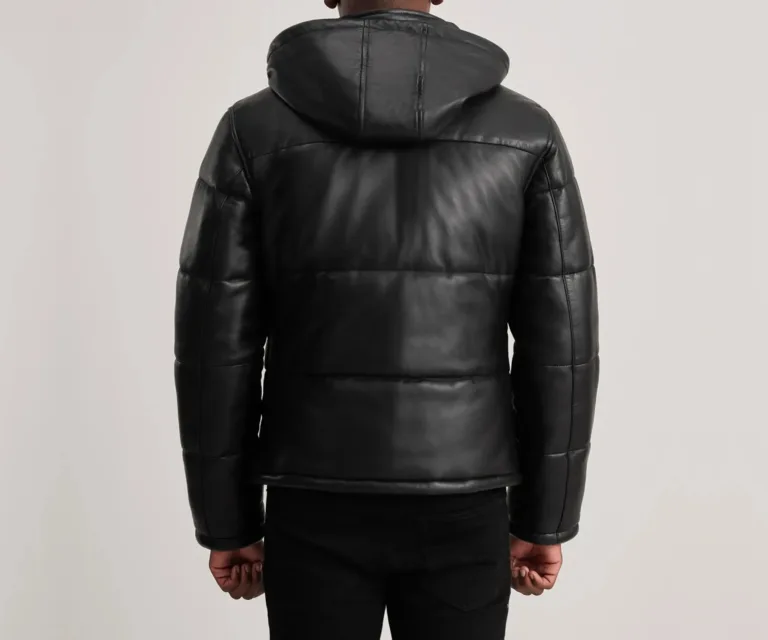 Gordon Black Hooded Leather Puffer Jacket — Rear Back View & Quilted Hemline