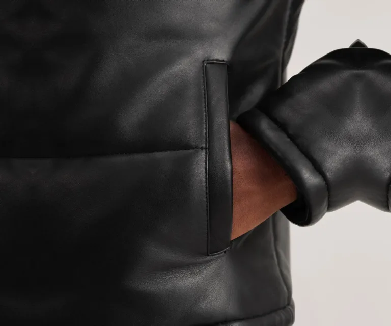 Gordon Black Hooded Leather Puffer Jacket — Macro Detail Leather Grain, Baffles & Hardware