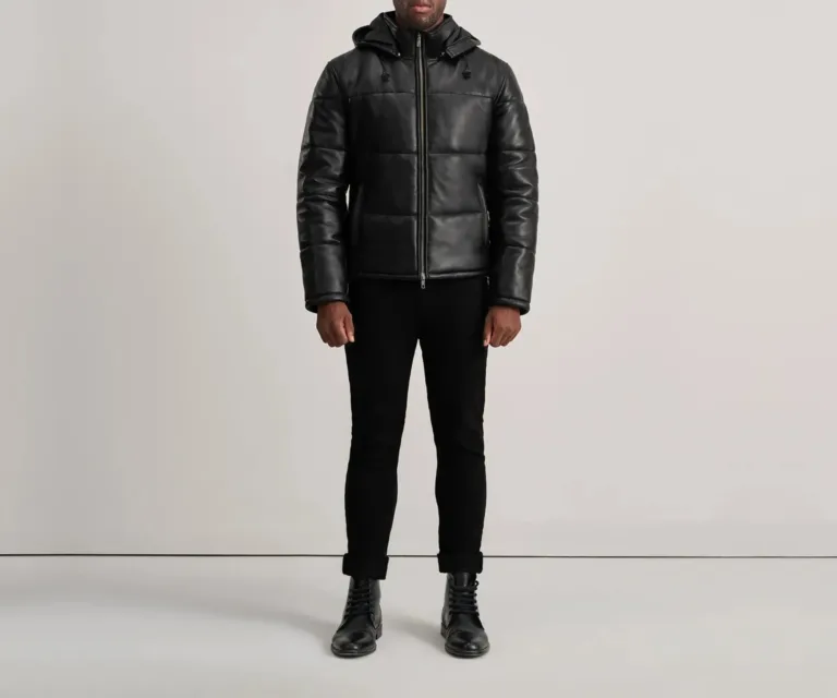 Gordon Black Hooded Leather Puffer Jacket — Full-Length Model Editorial Presentation