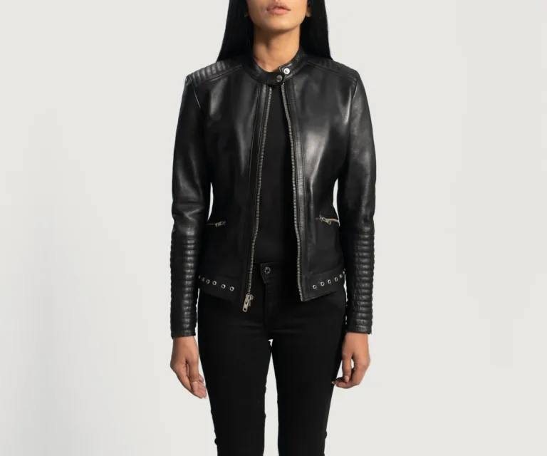 Haley Ray Black Leather Biker Jacket Luxury Women's Biker Jacket — Three-Quarter Editorial Perspective