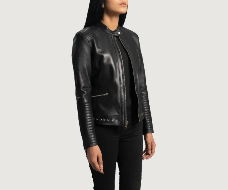 Haley Ray Black Leather Biker Jacket Luxury Women's Biker Jacket — Asymmetrical Zipper & Lapel Architecture