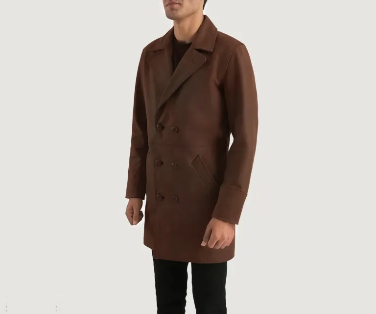 Half Life Brown Leather Coat — Three-Quarter Perspective