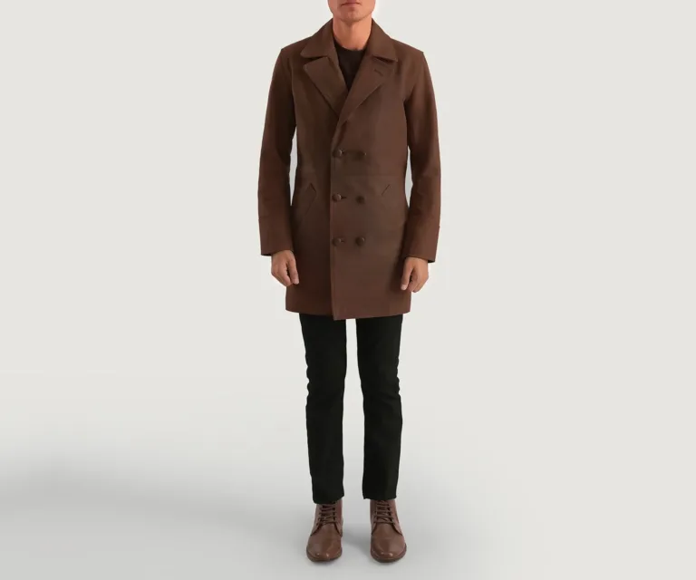 Half Life Brown Leather Coat — Rear Profile View