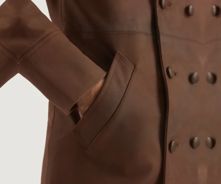 Half Life Brown Leather Coat — Full Editorial Model Perspective