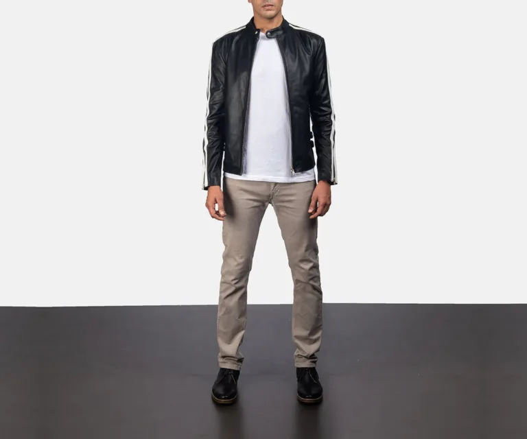 Hank Black Leather Biker Jacket — Front Zipped Placket & Collar Detail