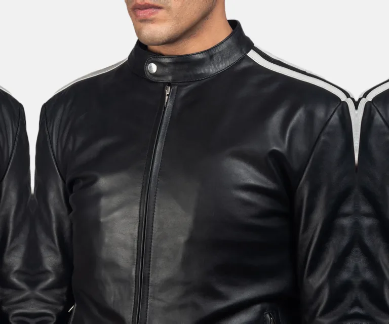 Hank Black Leather Biker Jacket — Full-Length Model Editorial Presentation