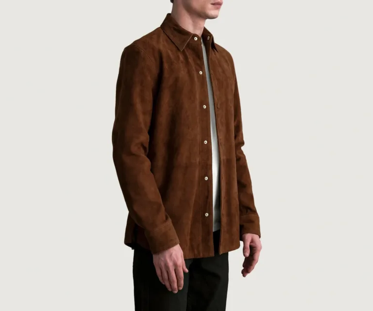 Haven Brown Suede Leather Shirt — Quarter Angle Profile & Contoured Sleeve Detail