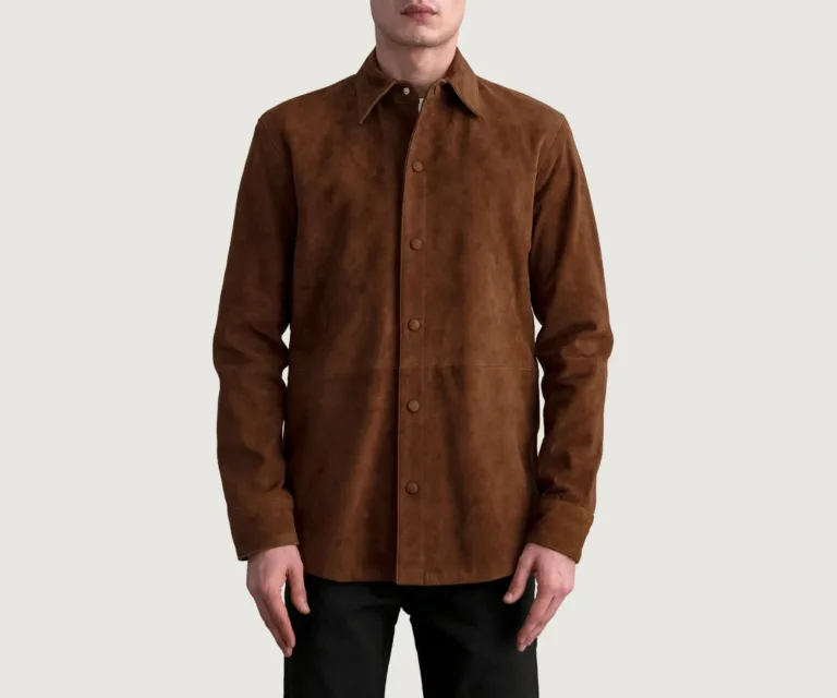 Haven Brown Suede Leather Shirt — Front Placket & Refined Collar Detail