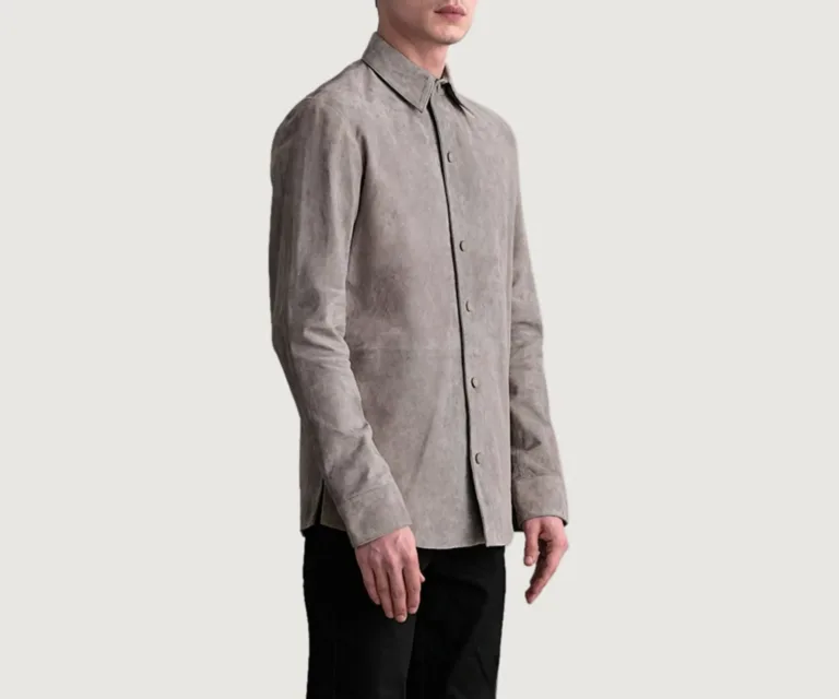 Haven Grey Suede Leather Shirt — Quarter Angle Profile & Contoured Sleeve Detail