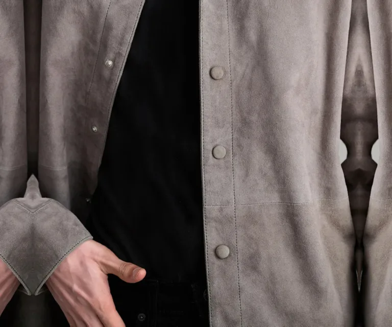 Haven Grey Suede Leather Shirt — Macro Detail Soft Suede Nap, Stitching & Buttons