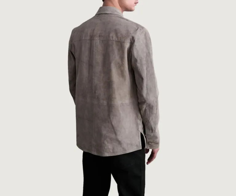 Haven Grey Suede Leather Shirt — Full-Length Model Editorial Presentation