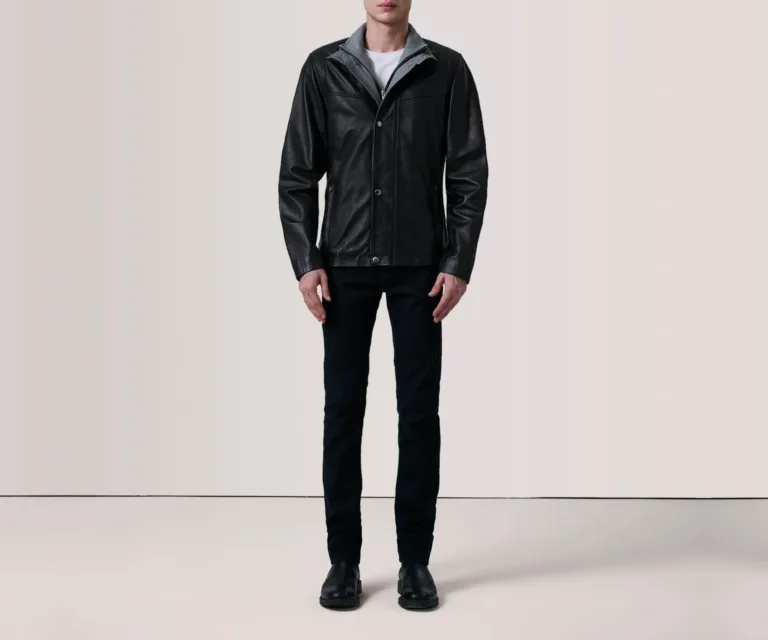 Henrik Black Leather Cafe Racer Jacket — Quarter Angle Profile & Contoured Sleeve Detail