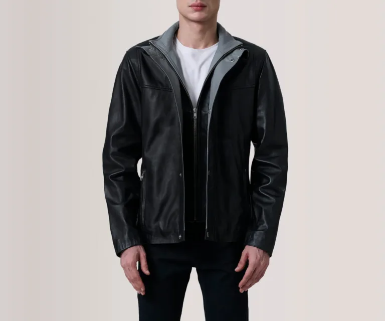 Henrik Black Leather Cafe Racer Jacket — Macro Detail Texture, Stitching & Hardware