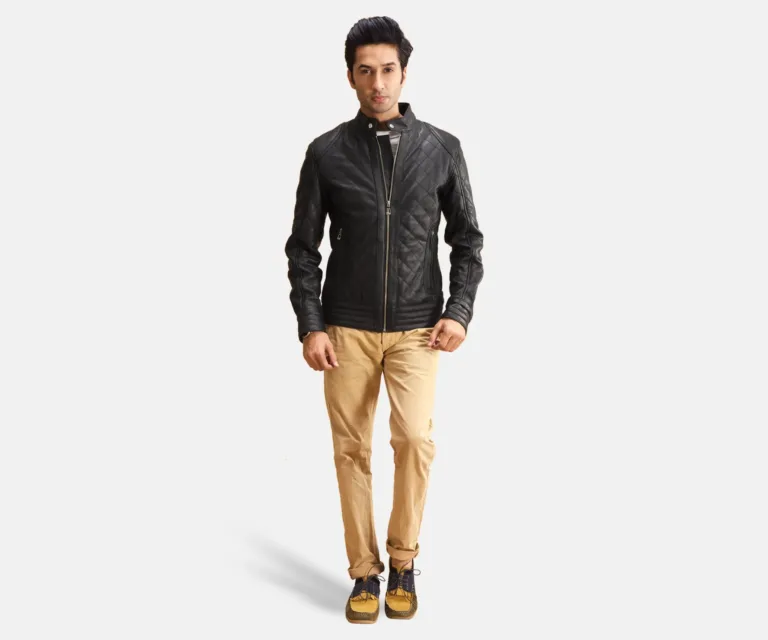 Henry Quilted Black Leather Jacket — Front Zipped Placket & Collar Detail