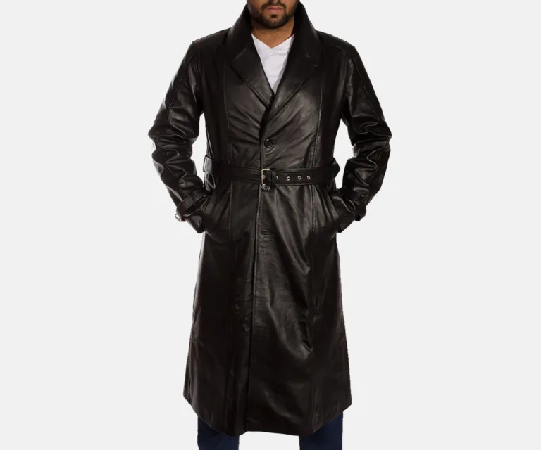 Hooligan Black Leather Trench Coat — Front Hero View